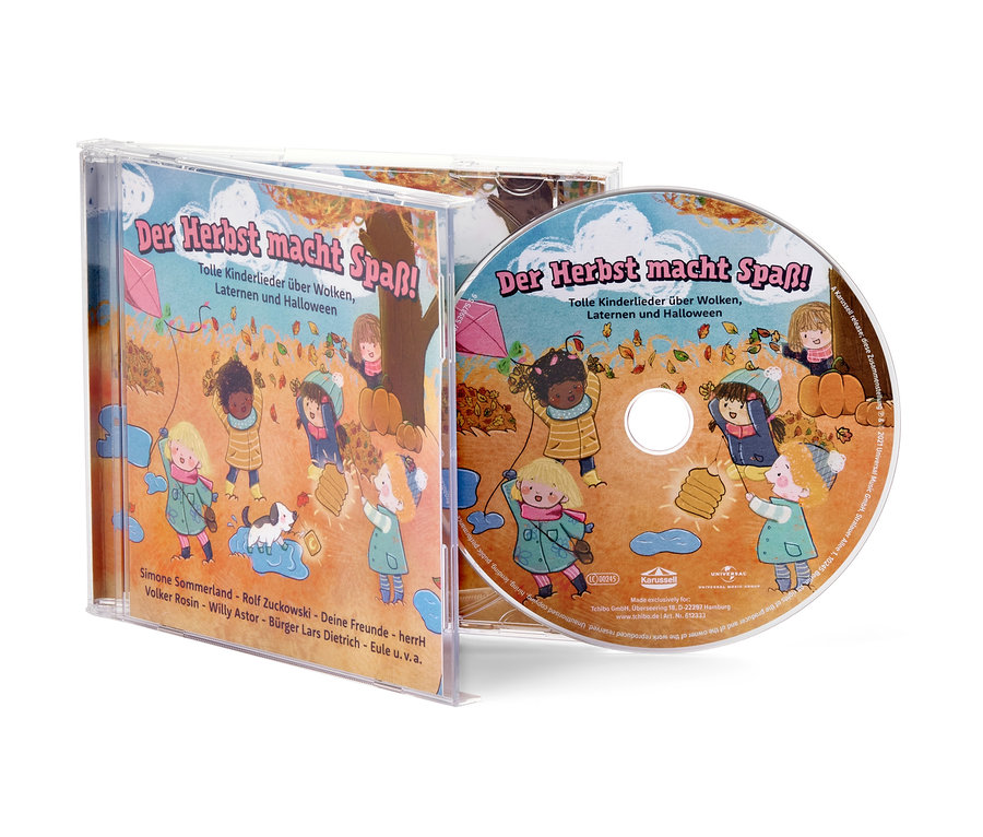 Cover und CD »Der Herbst macht Spaß!« mit Comic-Kindern und Herbstmotiven.