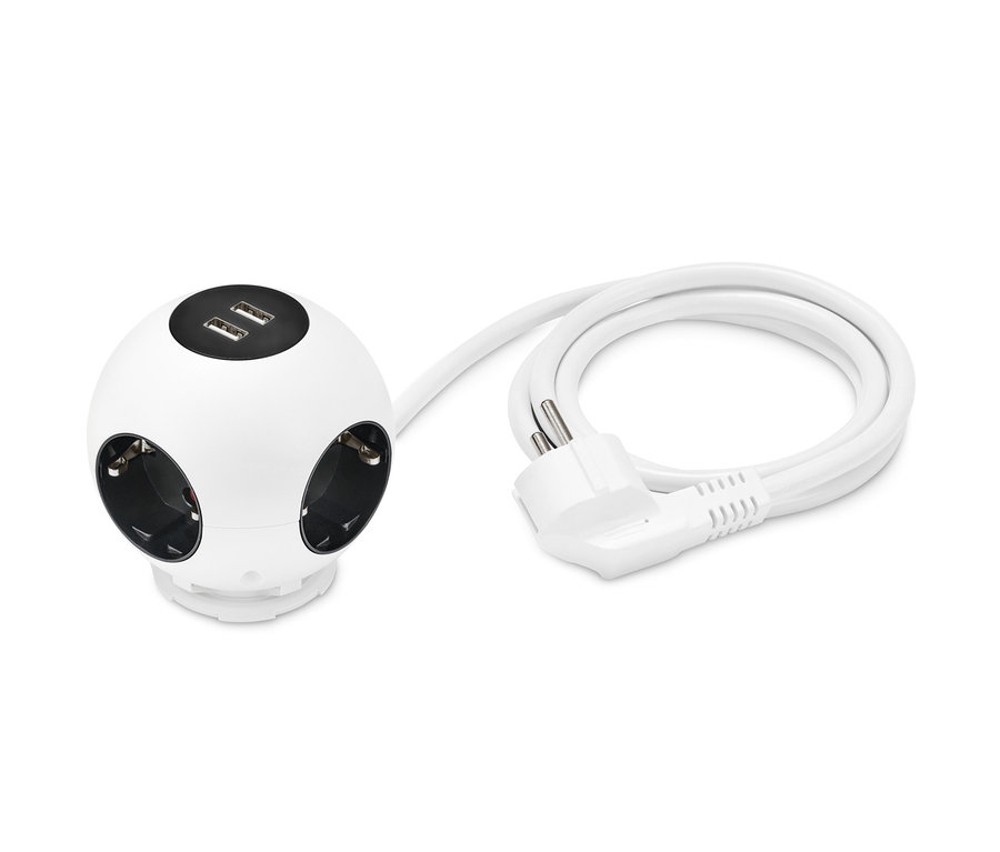 Weißer Steckdosenball mit USB-Ladefunktion und Netzkabel.