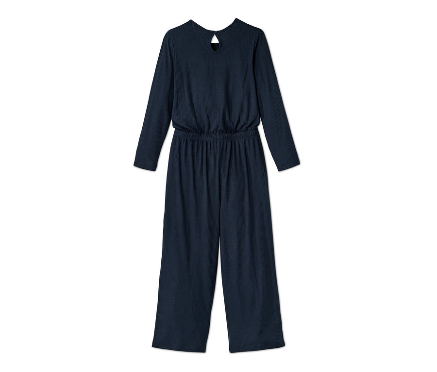 Marineblauer Jumpsuit mit langen Ärmeln.