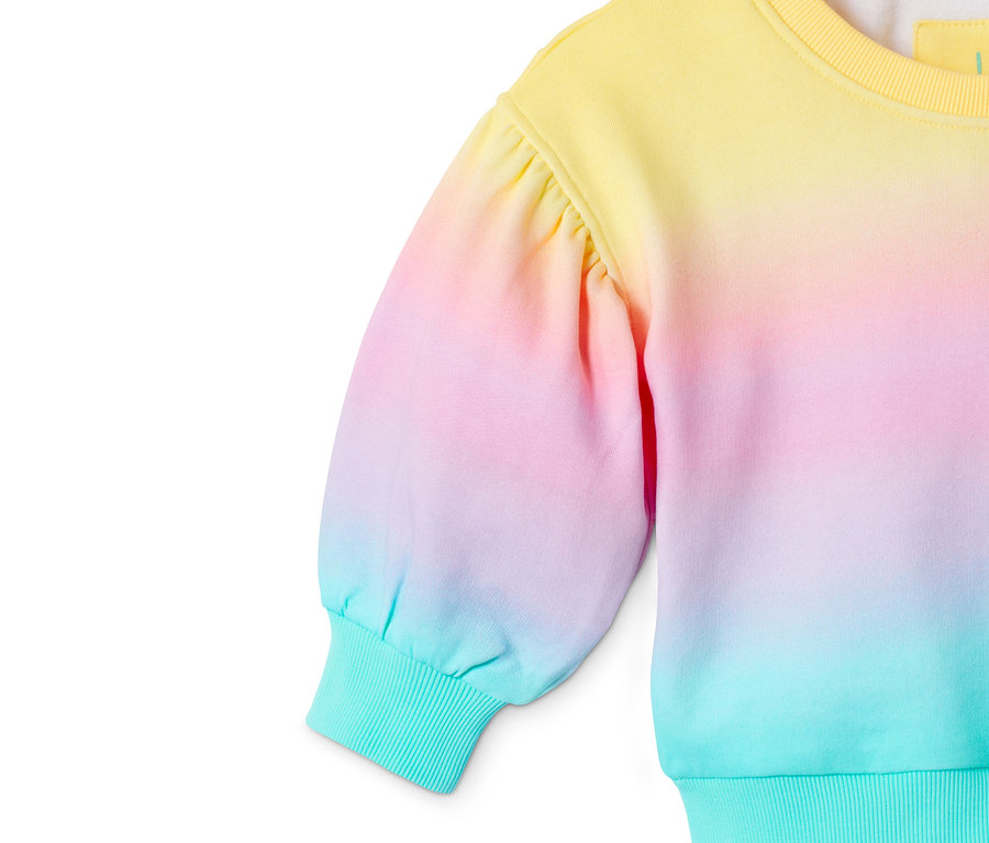 Detailansicht eines Sweatshirts mit Farbverlauf.