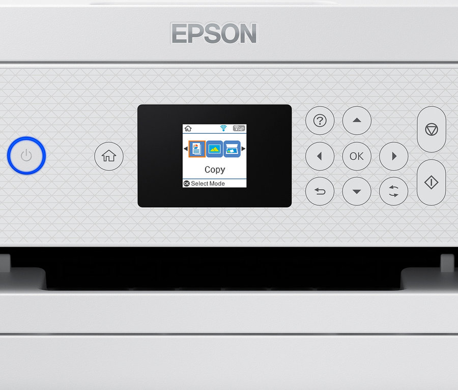 Detailansicht eines weißen Epson EcoTank ET-2856 Multifunktionsdruckers mit Bedienfeld.