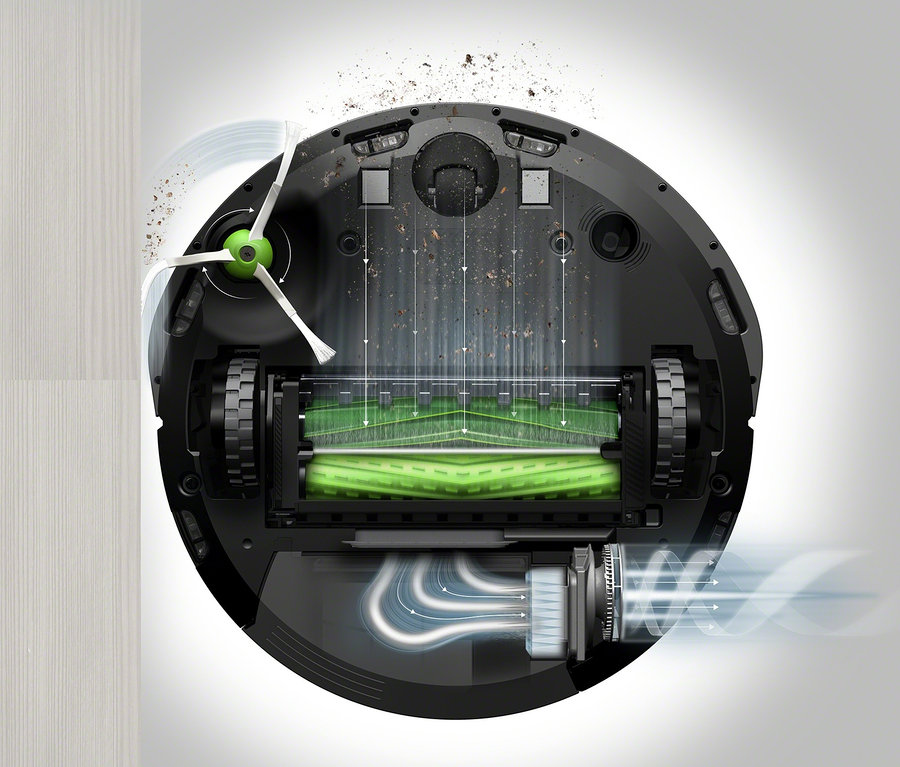 Detailansicht der Unterseite des iRobot Saugroboters »Roomba i3 (i3156)« mit rotierenden Bürsten und Saugöffnung.