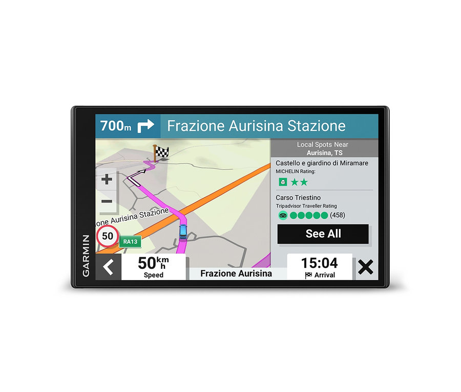 Das GARMIN Navi »CamperVan« zeigt eine Karte mit Routenführung und Standortinformationen.