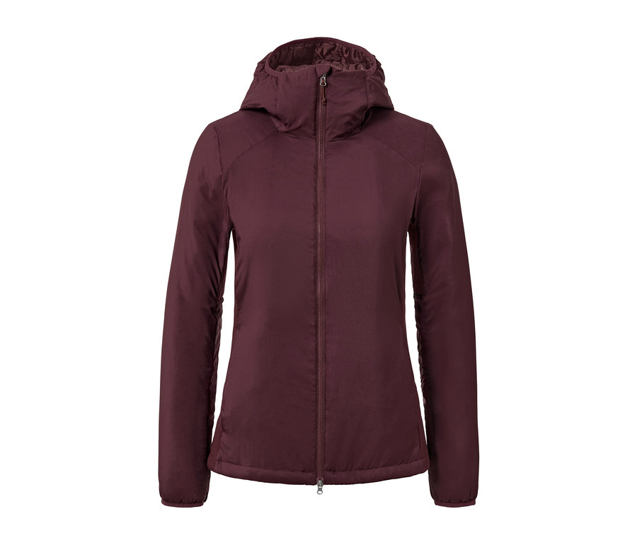 Eine weinrote Thermojacke mit Reißverschluss und Kapuze.