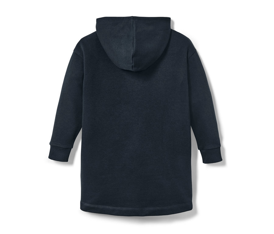 Blauer Longsweater mit Kapuze von hinten.