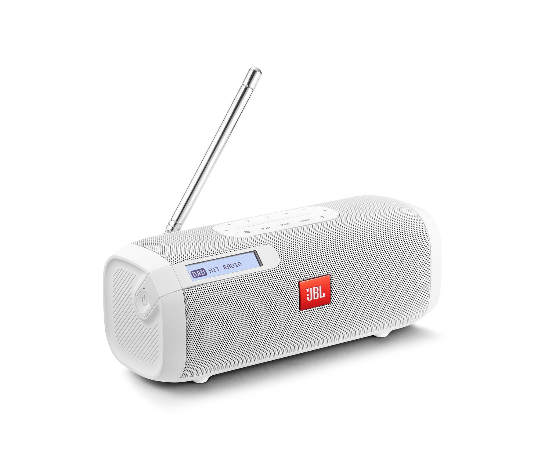 Weißer JBL-Tuner mit ausgezogener Antenne.