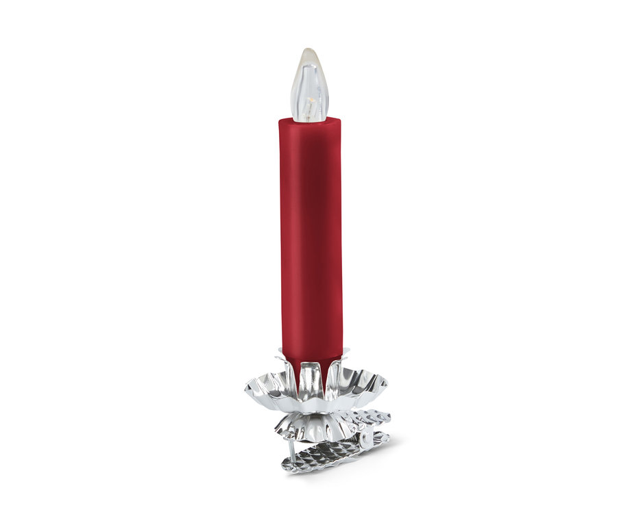 Detail einer roten LED-Weihnachtsbaumkerze mit Clip.