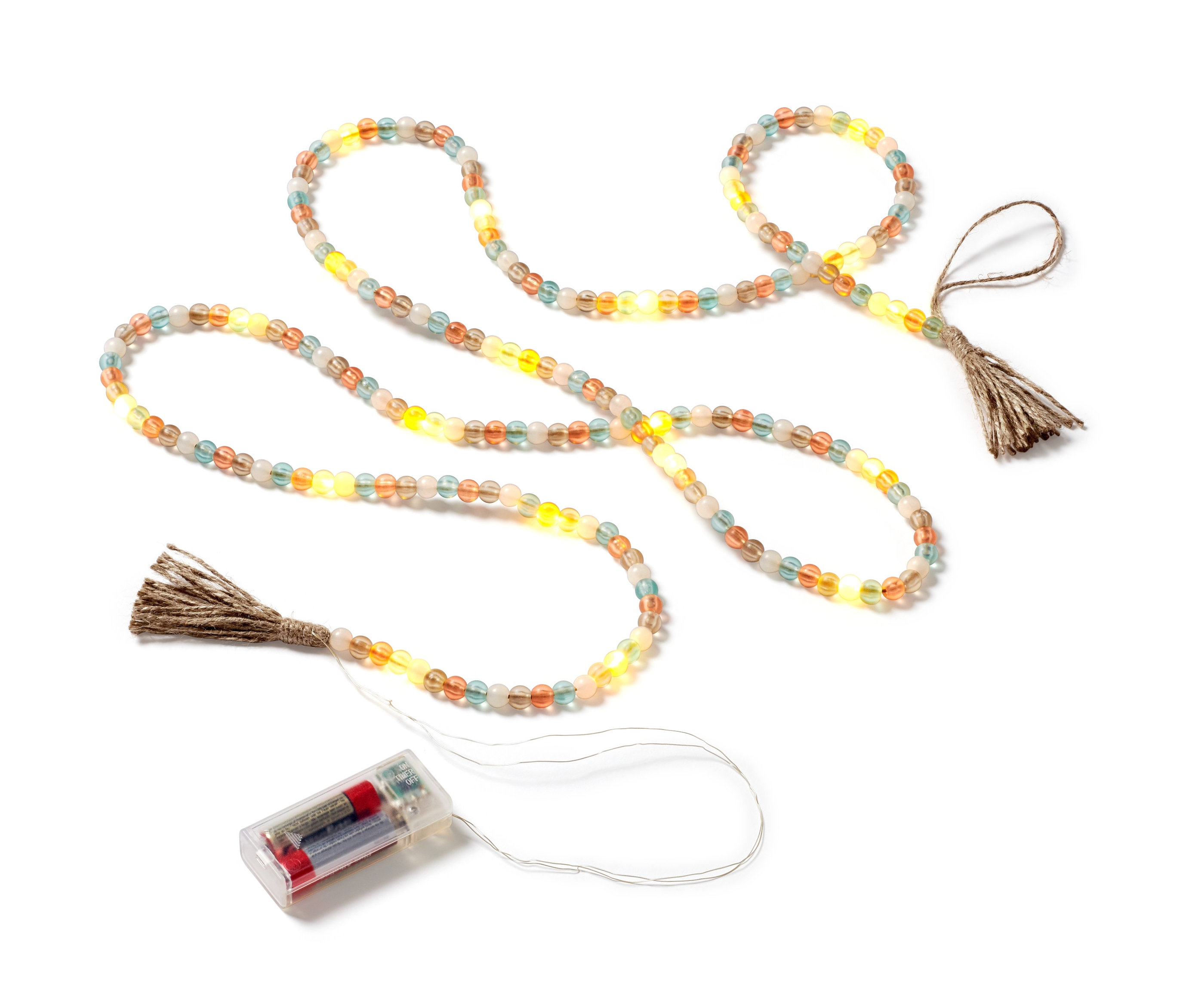 LED-Lichterkette »Boho« mit bunten Perlen und Quasten, batteriebetrieben.