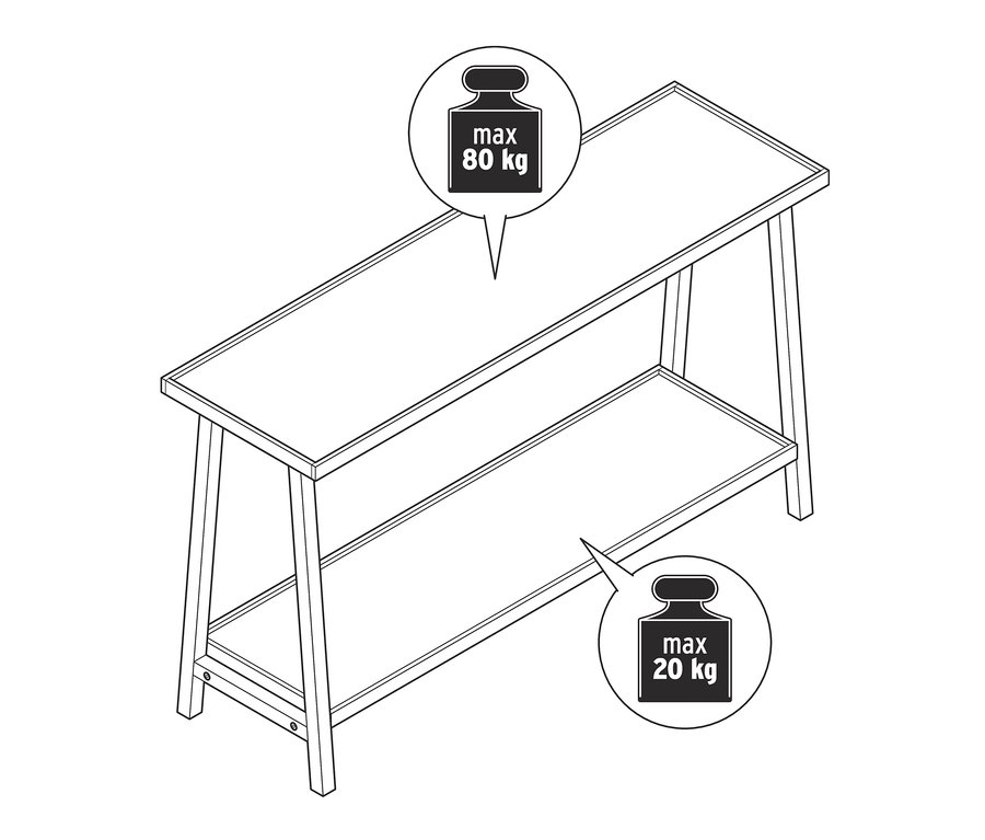 Eine Zeichnung eines Konsolentischs mit 2 Ablagen. Die obere Ablage hat eine Tragkraft von 80 kg, die untere Ablage 20 kg.