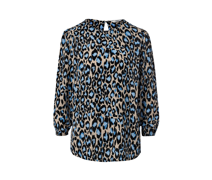 Bluse mit Print mit blauem und schwarzem Tiermuster.