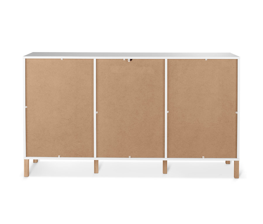 Rückansicht eines weißen Sideboards »Eklund« mit Schubladen und Tür.