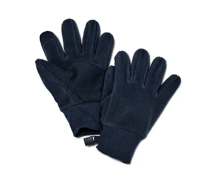 Zwei dunkelblaue Fleecehandschuhe aus recyceltem Material liegen nebeneinander.