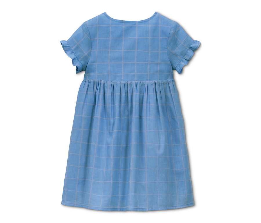 Blaues Webkleid aus Bio-Baumwolle mit kurzen Ärmeln und Karomuster.