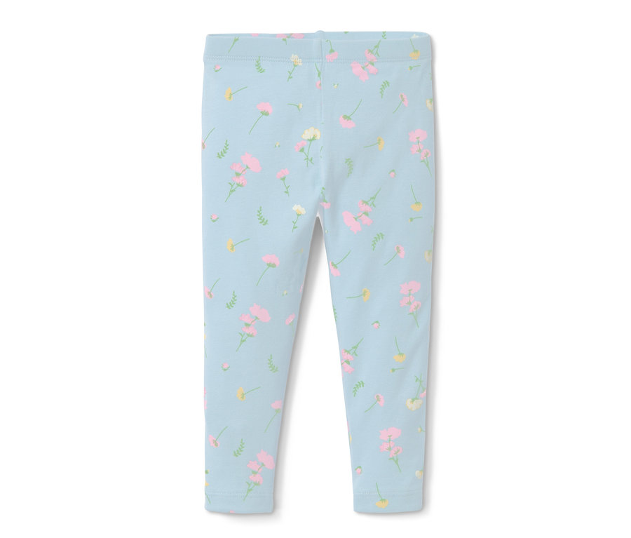 Hellblaue 2 Leggings aus Bio-Baumwolle mit Blumenmuster.