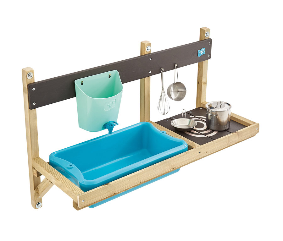 Anbau-Holz-Kinderspielküche »Deluxe« mit Spüle, Wasserhahn, Geschirr und Kochfeld.