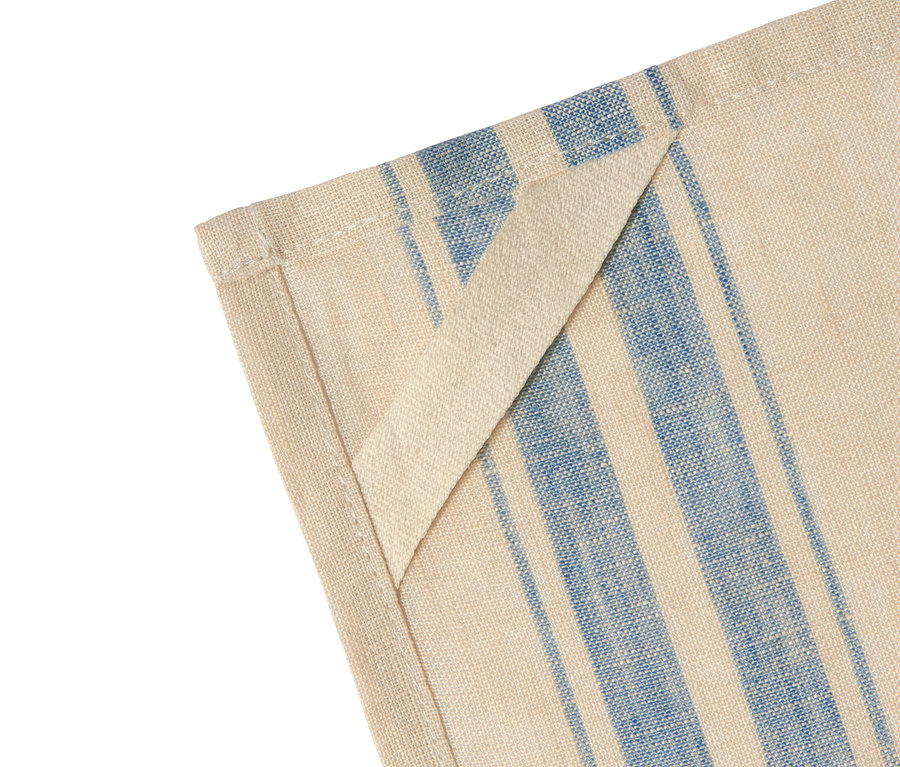 Detailaufnahme von zwei Leinen-Geschirrtüchern mit blauen Streifen