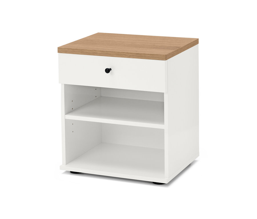 Weißer Nachttisch »Bekeson« mit brauner Platte und schwarzem Griff.