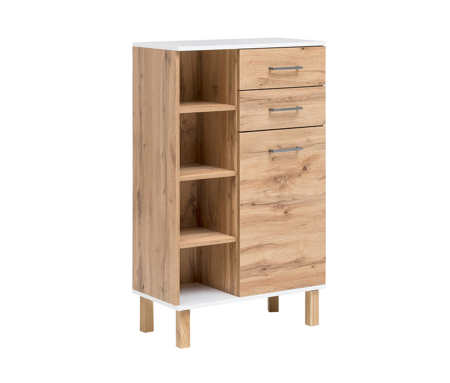 Ein hölzernes Badezimmer-Hochboard mit drei Schubladen und offenen Regalen. Zu sehen ist das Schildmeyer-Bad-Highboard »HB 670 Wido«.