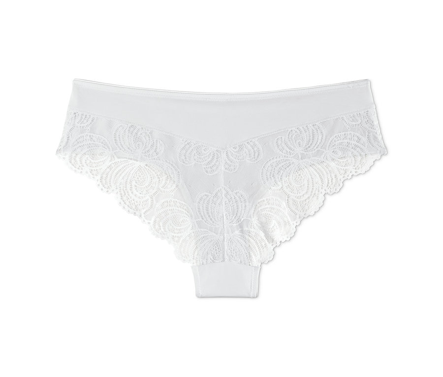 Weisser 2 Brazil-Slips mit Blumenspitze.