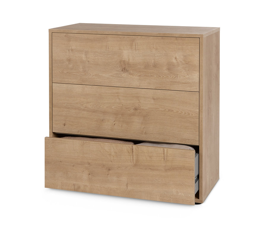 Ein Regalmodul »Flemming« mit Eichendekor, ca. 75 x 75 cm, mit 3 Schubladen, von denen eine geöffnet ist.