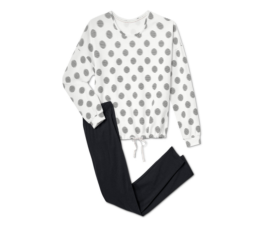Weißer Leggings-Pyjama mit schwarzen Punkten.