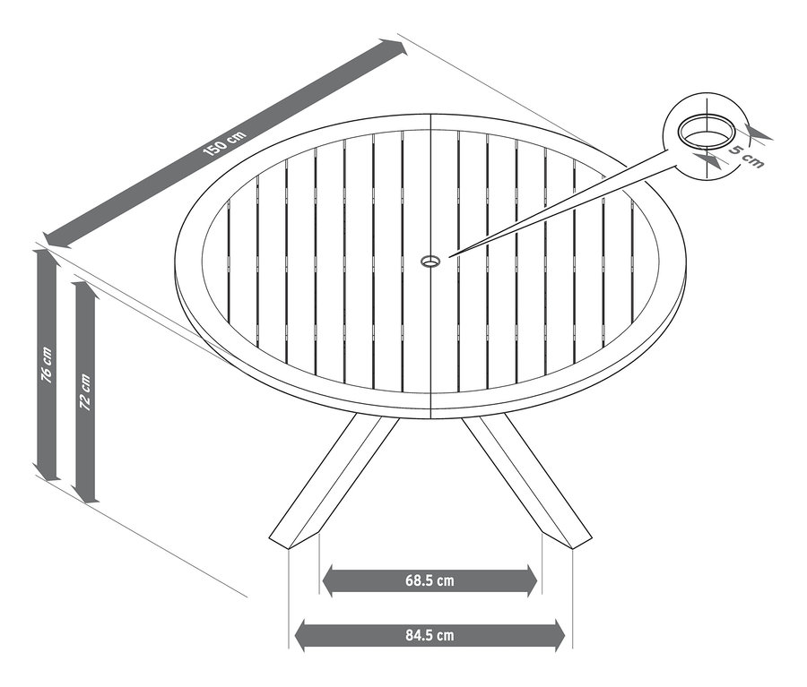 Diagramm eines Teak-Esstisches mit modernem X-Fuß und Abmessungen von 150 cm x 76 cm.