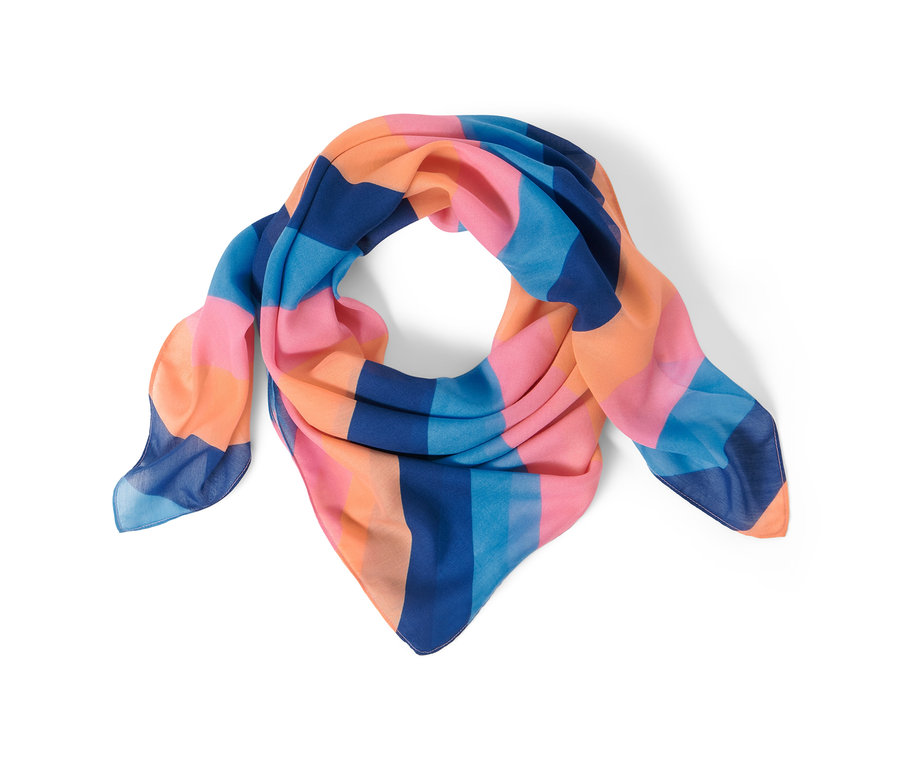 Sommerliches Halstuch mit blauen, pinken und orangefarbenen Streifen auf weißem Hintergrund.
