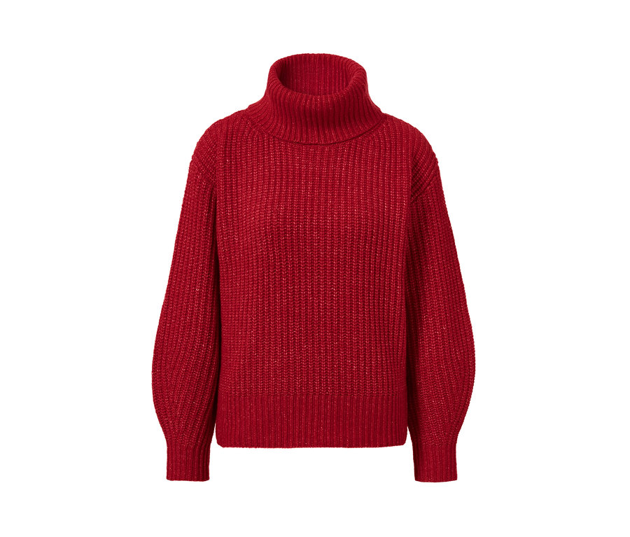 Ein roter Grobstrick-Pullover mit Rollkragen.