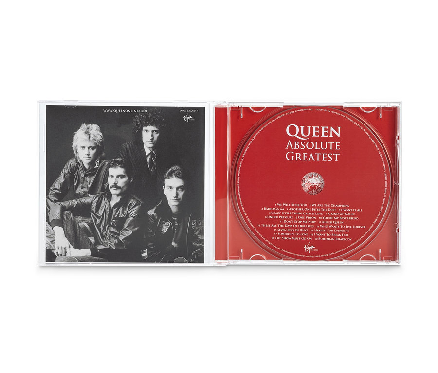Schwarzweiß-Foto des CD-Covers: »Queen – Absolute Greatest« mit einem Porträt der Band und einer roten Disc mit Songtiteln.