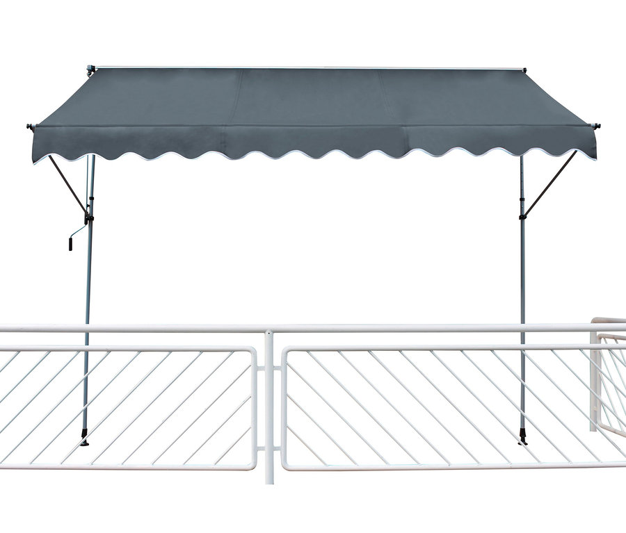 Graue LECO-Klemm-Markise, ca. 300 x 120 cm, mit weißem, gewelltem Rand.