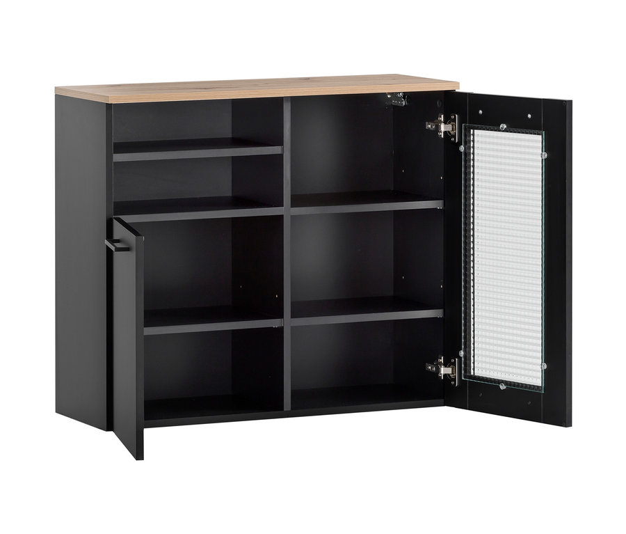 Schwarzes Highboard »Malte« mit hölzerner Oberseite und geöffneten Türen.