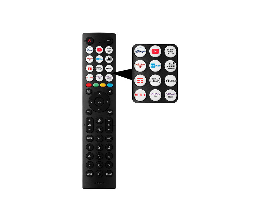 Eine Fernbedienung mit Tasten für Disney+, Rakuten TV, Netflix und andere Streaming-Dienste. Sichtbar ist auch das Hisense 32A5KQ TV Logo.