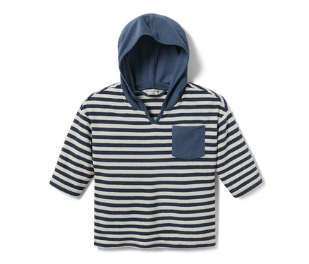 Gestreiftes Kinder-Frottier-Shirt mit Kapuze und Brusttasche.
