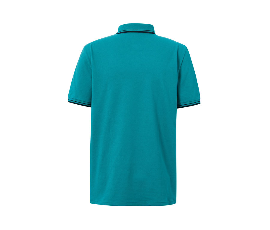 Aqua Piqué-Poloshirt mit schwarzen Bündchen an Kragen und Ärmeln, von hinten gezeigt.