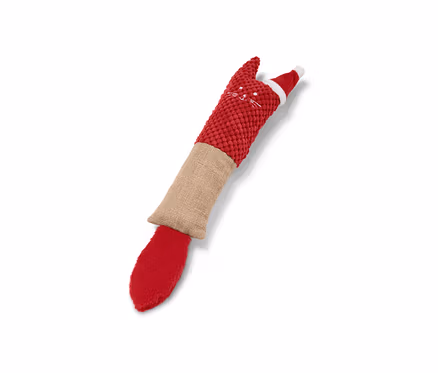 Eine rote Katzen-Spielrolle mit Katzenmotiv und Weihnachtsmütze.