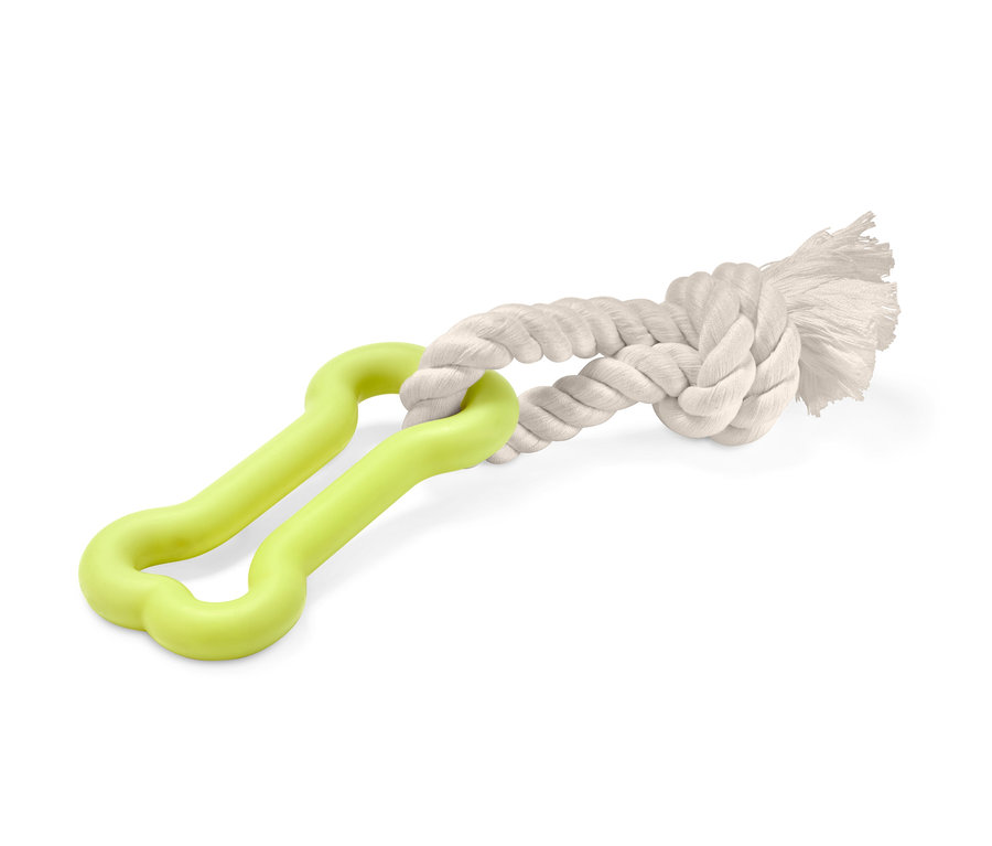 Hundespielzeug: Grüner Knochen verbunden mit einem Knoten aus weißem Seil.