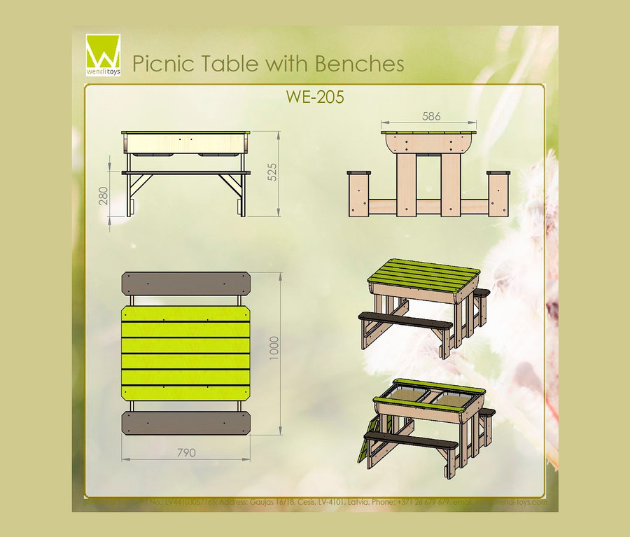 Diagramme des Wendi Picknick- und Matschtisches mit Bänken und Abmessungen.