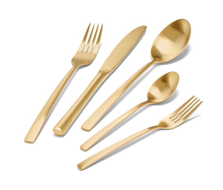 Besteck-Set, 20-teilig, champagnergoldfarben, inklusive Gabel, Messer und Löffel.