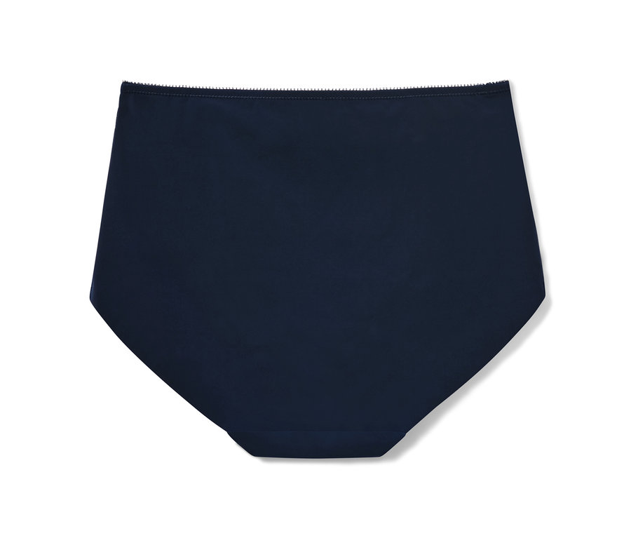 Blaue Highwaist-Panty auf weißem Hintergrund.