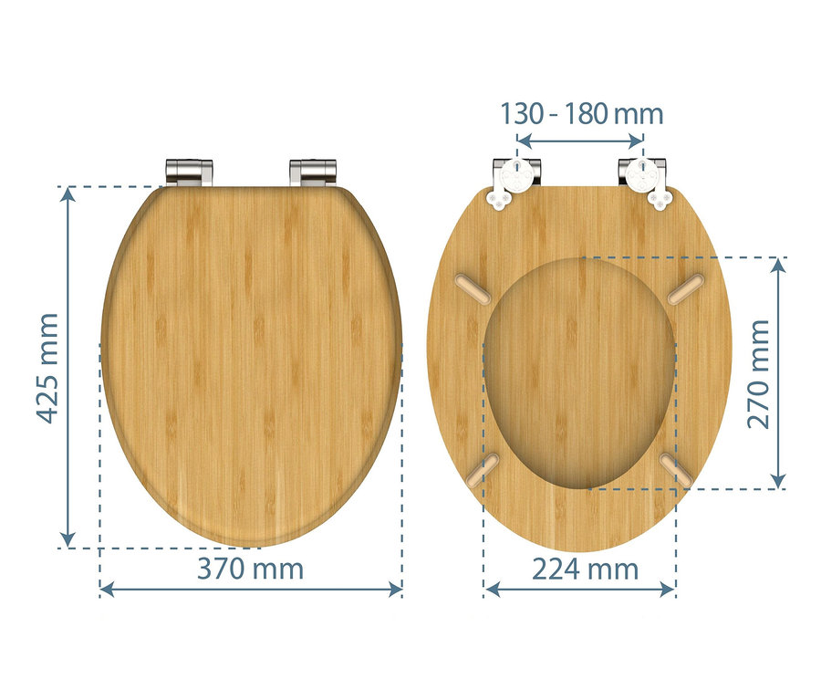 Draufsicht von WC-Sitz »Bambus« mit Absenkautomatik und Maßangaben.