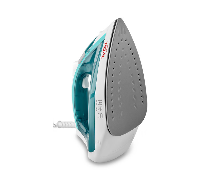 Nahaufnahme eines weiß-türkisen Tefal Virtuo Dampfbügeleisens.