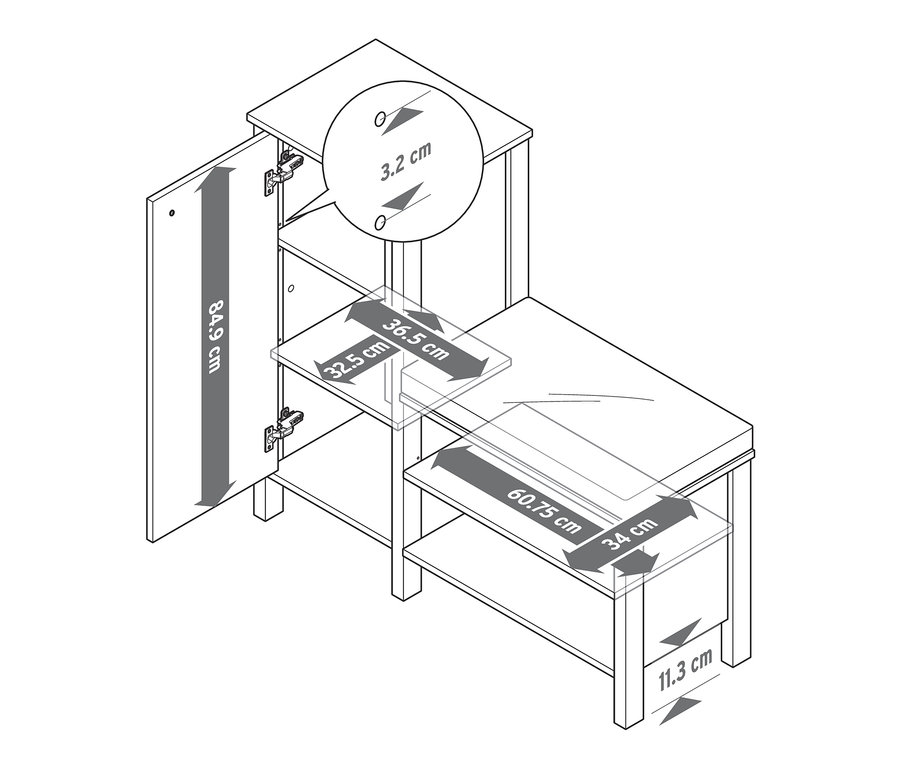 Illustration einer Sitzbank mit Schuhschrank mit hervorgehobenen Abmessungen.