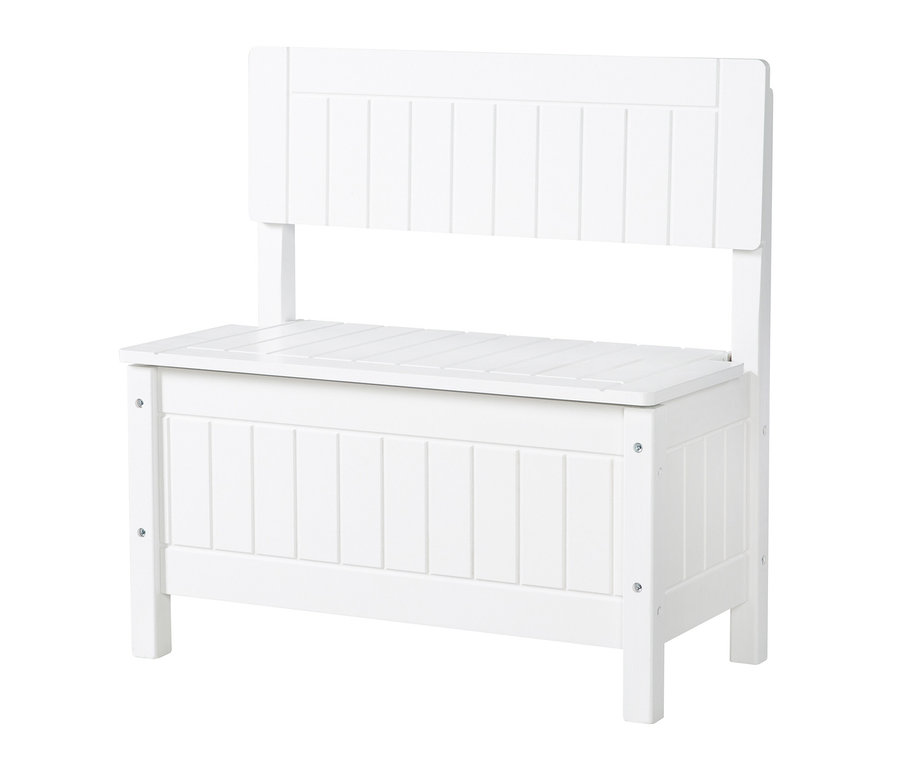 Weiße roba Kindertruhenbank mit Rückenlehne.