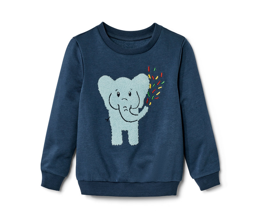 Blaues Kinder-Sweatshirt mit angerauter Innenseite und Elefantenmotiv.