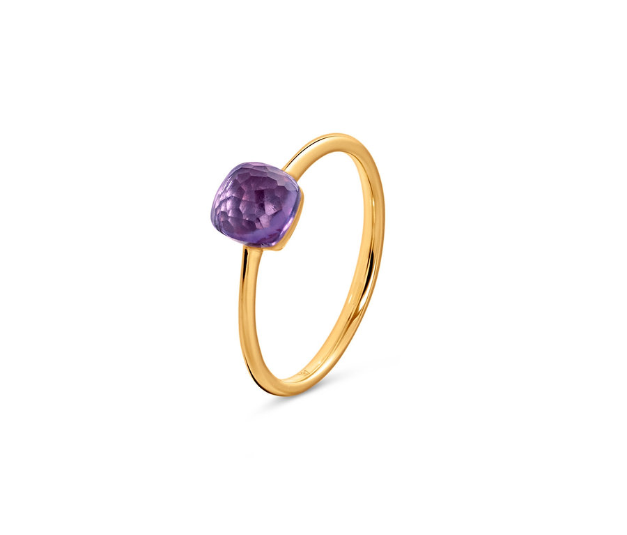 Detailaufnahme eines goldenen Rings mit Amethyst.