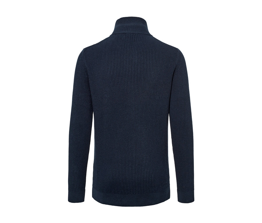 Detailansicht der Rückseite einer Strickjacke in Navy.