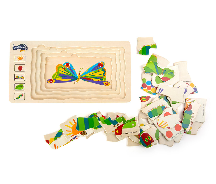 small foot Spiel-Set »Raupe Nimmersatt« Holzpuzzle mit Schmetterlingsmotiv und Essensbildern.