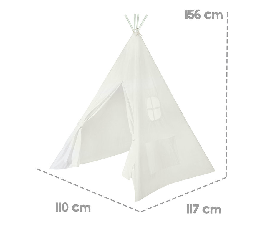Weißes roba Kinderspielzelt »Tipi« mit Fenster und Größenangaben.