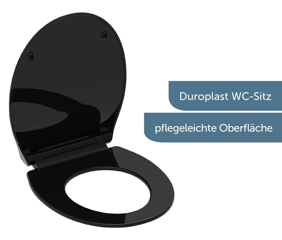 Ein Duroplast WC-Sitz, Slim Black, wird geöffnet auf einem weißen Hintergrund gezeigt.