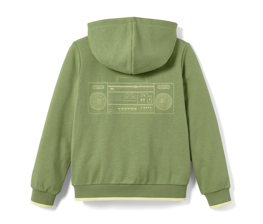 Grüne Kinder-Sweatjacke mit Kapuze und Ghettoblaster-Aufdruck.